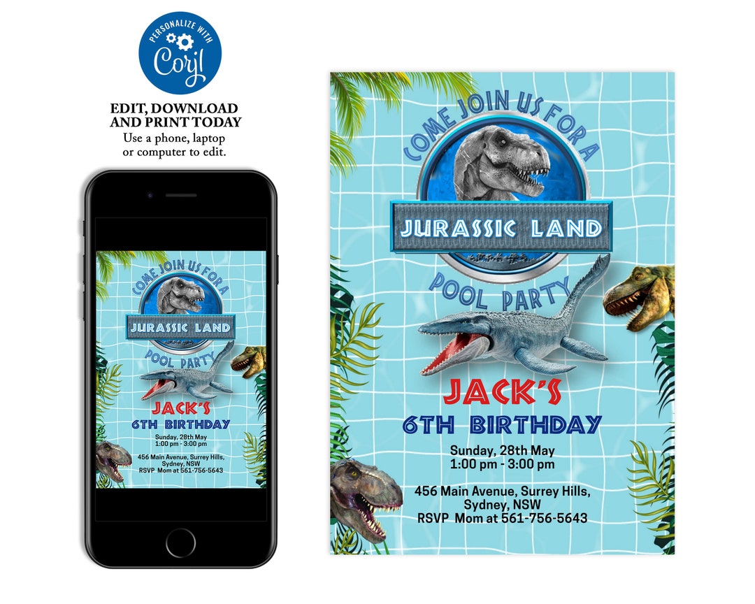 Dinosaur Pool Party Invitation, Dinosaur Birthday Party, Jurassic Pool