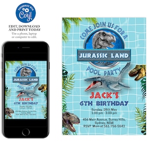 Dinosaur Pool Party Invitation, Dinosaur Birthday Party, Jurassic Pool Party Invitation, Reptile Birthday Party, Summer Pool Party Template
