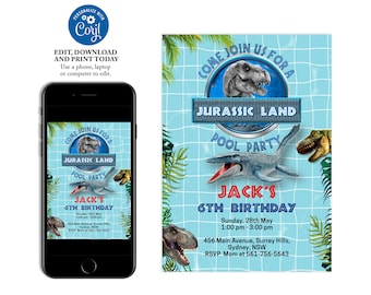 Dinosaurier-Lache-Party Einladung, Dinosaurier-Geburtstags-Party, Jurassic Pool-Party-Einladung, Reptil-Geburtstags-Party, Sommer-Lache-Party Vorlage