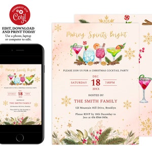 Editable Holiday Cocktail Party Invitation, Christmas Party Invitation, Making Spirits Bright, Adult Holiday Christmas Party Invite