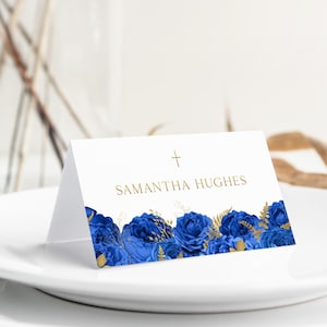 Plantilla para tarjeta de lugar de bautizo en azul rey y dorado, tarjeta de lugar de confirmación, tarjeta religiosa imprimible para bautizo, tarjetas modernas para asientos de bautizo, FL26