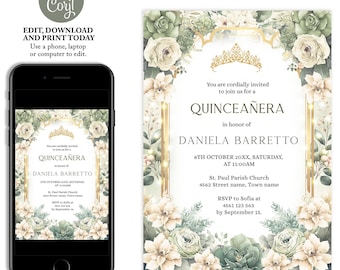 Sage green and cream quinceanera invitation, floral quince anos, 15th birthday, sweet sixteen, gold butterflies, instant download, Q58