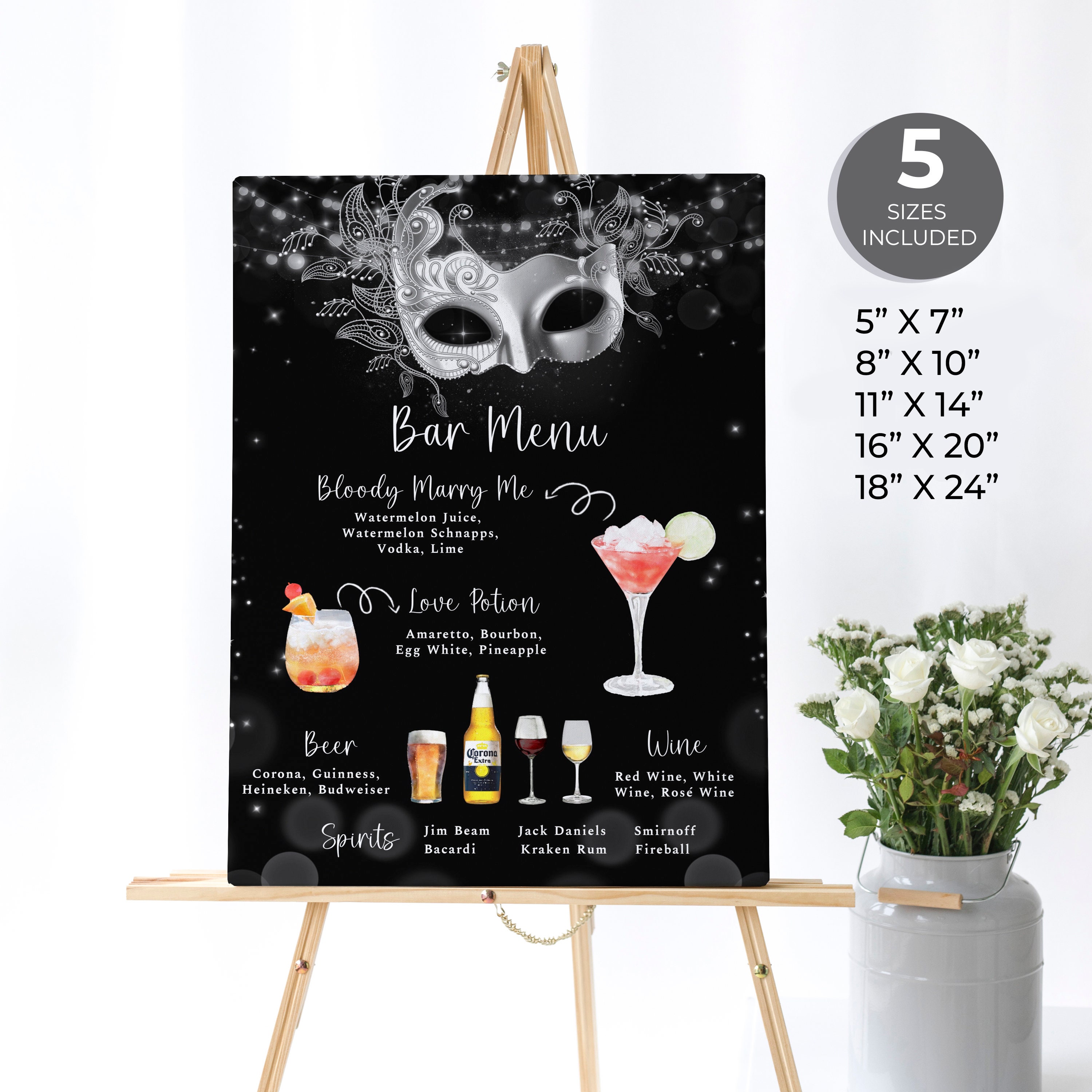 Silver and Black Masquerade Bar Menu Sign, Mardi Gras Signature