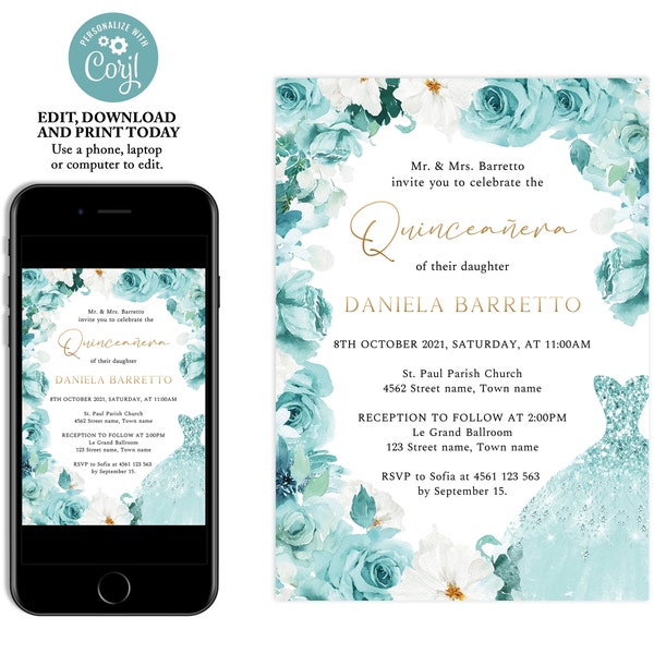 Teal floral quinceanera invitation, turquoise floral quince anos, 15th birthday invitation, birthday invitation for women, Q20