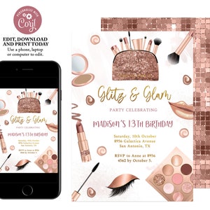 Makeup Birthday Party Invitation, Editable Glitz And Glam Birthday Party Invitation, Rose Gold Tween Party Invite, Instant Download