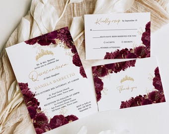 Burgundy and gold quinceanera invitation, floral quince anos, 15th birthday invitation, birthday invitation for women, gold crown, Q06