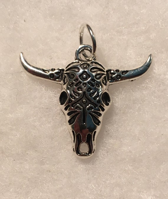 Miniature long horn bull scull - vintage silver p… - image 1
