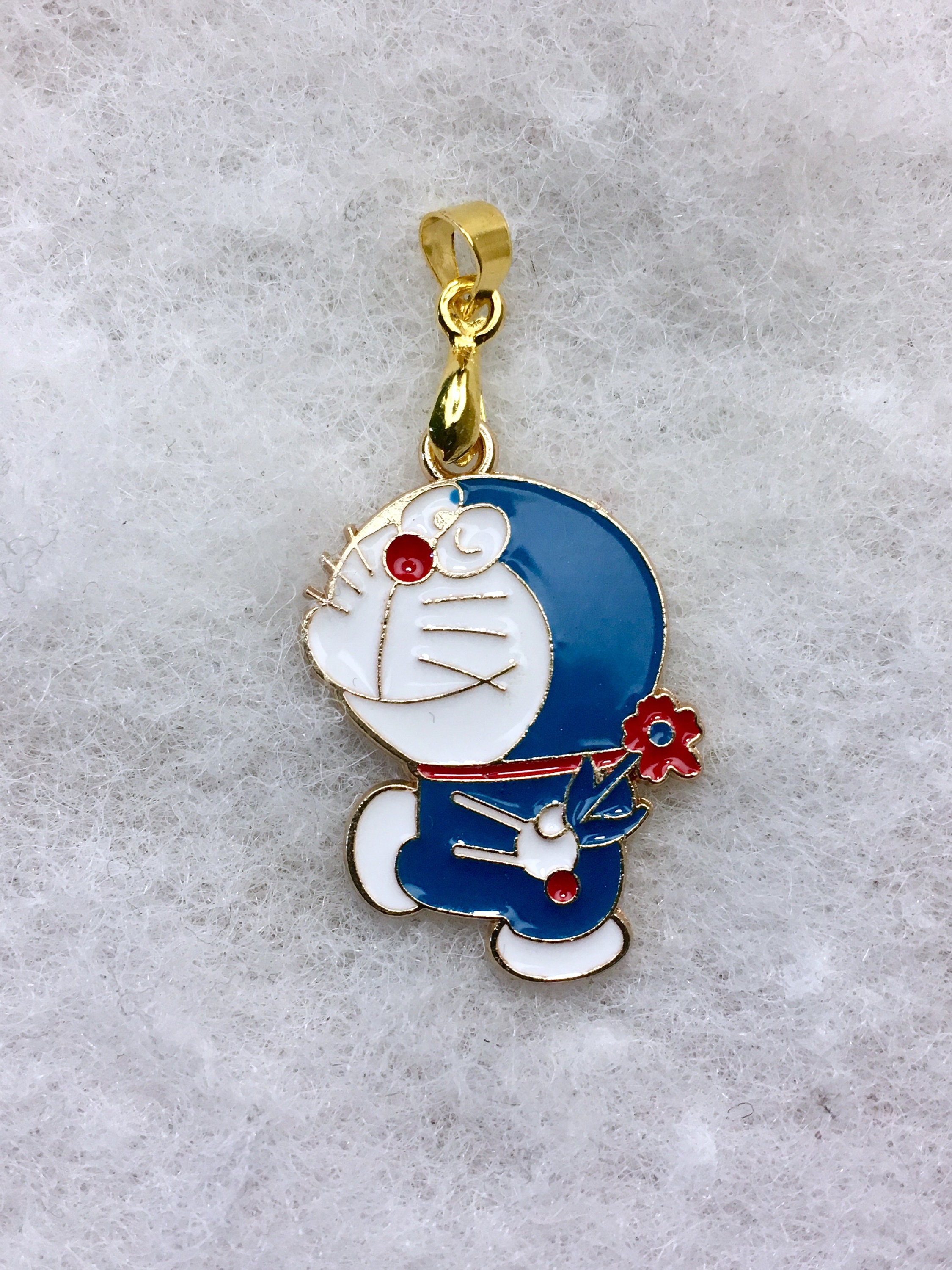 Doraemon Blue Cat Vintage Enamel Charm Pendant on 18K Gold