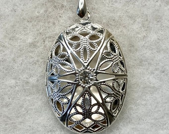 Miniature silver plated filigree locket- antique style pendant.