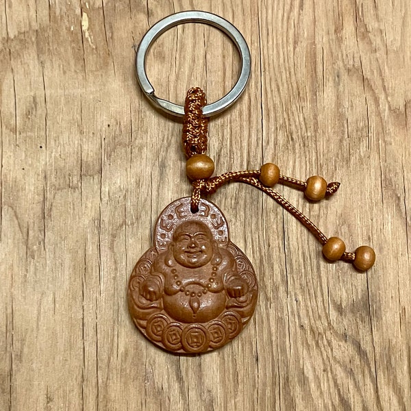 Buddha - wood carved charm on keychain.