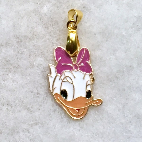 Daisy Duck - vintage enamel charm / pendant with 18K gold plated spinner.