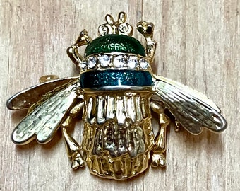Bug - vintage gold plated enamel brooch with zirconia stones.