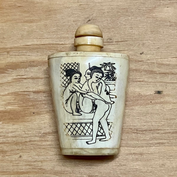 Engrave , carved bone vintage perfume / snuff bottle with erotique scene .