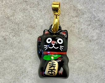 Maneki Neko ( Japanese) Lucky cat - vintage enamel charm/ pendant/bell on 18K gold plated spinner.