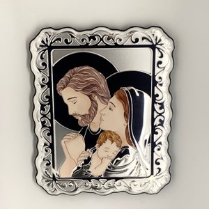 Holy Family Icon silver plated on wood stand in gift box (Made in Italy)