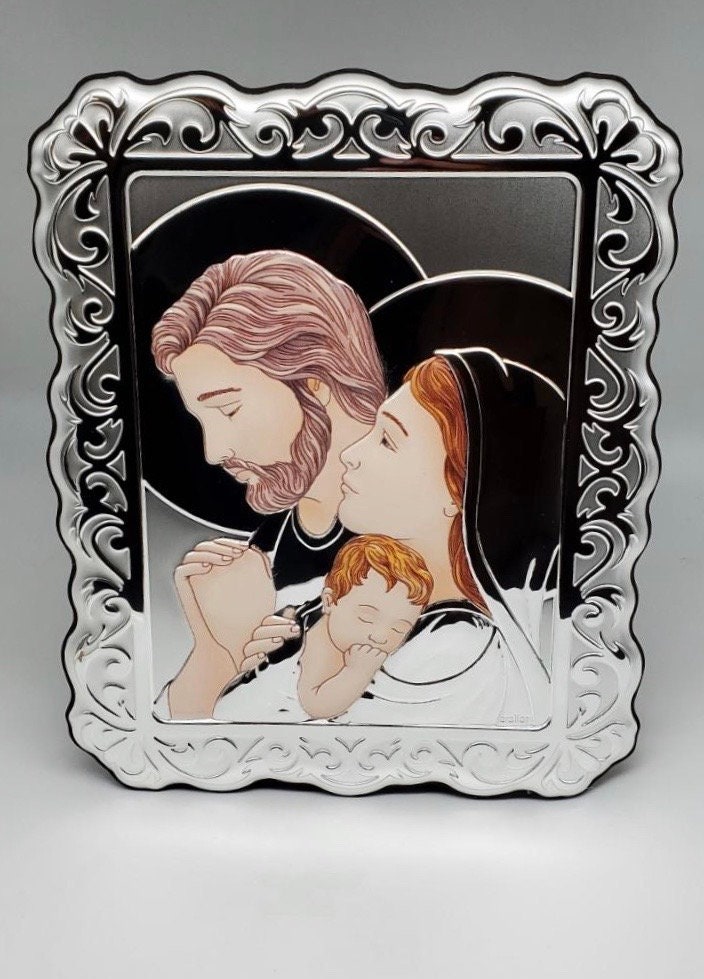 Holy Family Icon Silver Plated on Wood Stand in Gift Box made in Italy ...