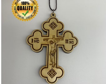 Greek Orthodox Double sided engraved Wood Cross in a high quality gift box (3x4.1 in)