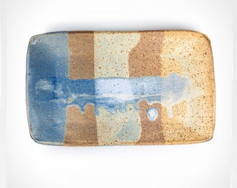 Vintage Jack Ploesser Studio Pottery Platter, Signed Stoneware Serving Tray, Abstract Blue Tan Glaze, Japandi Wabi Sabi Decor