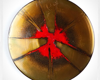 Vintage Enamel Copper Dish Signed RW 1976 Vancouver BC | 70s Brutalist Design | Gold Red Black Abstract Art