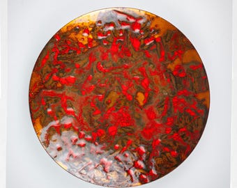 Vintage Enamel Copper Plate Signed B | Mid Century Modern Abstract Art | Textured Red Orange Enamel Dish | 60s 70s Studio Enamel