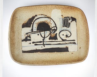 Signed A. Brendon 1983 Stoneware Platter, BC Studio Pottery, Abstract Expressionist Ceramic, Canadian West Coast Art