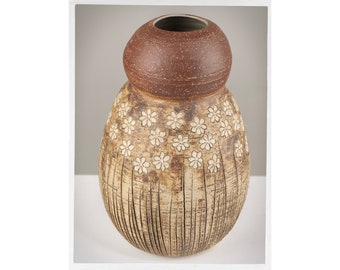 Vintage Studio Pottery Vase | Hand Carved Floral Stoneware | Artist Signed Earthy Ceramic | Rustic Wabi Sabi Boho Decor