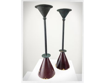 Vintage Christian de Beaumont Bronze Candlesticks | Milano Series Pair | 1980s French Postmodern Memphis Design