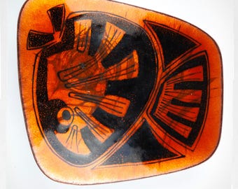 Vintage Hank & Diny Frugte Enamel Copper Plate | Brutalist Abstract MCM Art | Orange Black Studio Enamel | Edmonton Canada