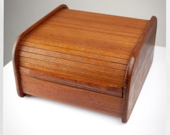 Vintage Teak Tambour Door Storage Box — Danish Modern MCM Flatware Caddy Desk Organizer