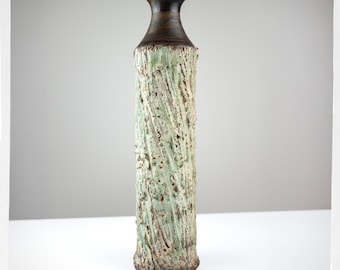 Vintage Studio Pottery Vase, Textured Cream & Beige Glaze, Signed JS, West Coast Ceramic, 14.5" Tall