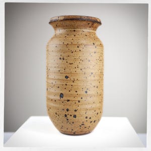 Peut inclure: Un vase en céramique brun tacheté avec une large ouverture et une base arrondie.