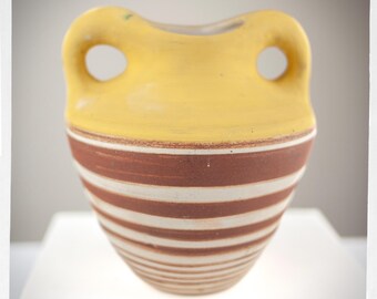 Vintage Hand Thrown Studio Pottery Vase | Double Handle Amphora | Mustard Rust Stripe Boho Decor | Hand Painted Signed Ceramic
