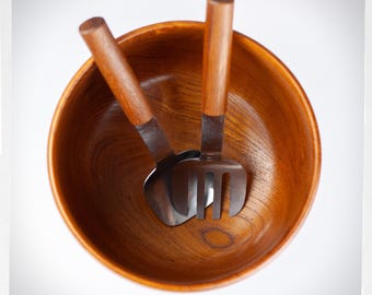 Vintage Karl Holmberg Akta Teak Salad Bowl Set | Swedish Scandinavian Teak Bowl & Servers | MCM Wood Kitchenware Sweden