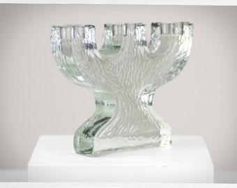 Vintage Pukeberg Swedish Glass Candelabra, Staffan Gellerstedt Design, Mid Century Scandinavian Textured Ice Glass 3-Arm Candle Holder
