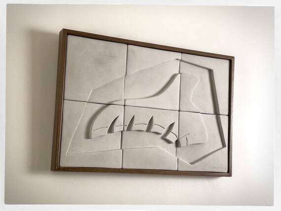 MCM Wall Art Sculpture - Boho Abstract Cubist Art. Plaster Tiles for Unique Wall Decor Pottery Ceramic