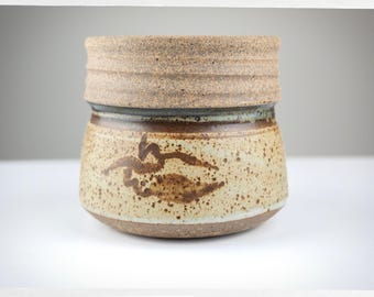 Connie Pike Studio Pottery Vase, Signed Alberta Canada Stoneware, Wabi Sabi Rustic Handmade Ceramic, Speckled Glaze Bird Motif