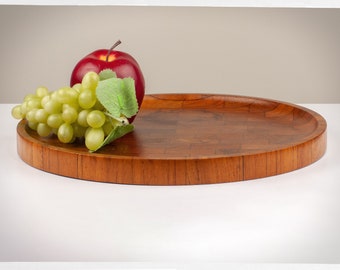 Vintage Atapco Staved Teak Serving Tray | Siamese Teak Hong Kong MCM | Round Danish Modern Style Wood Tray