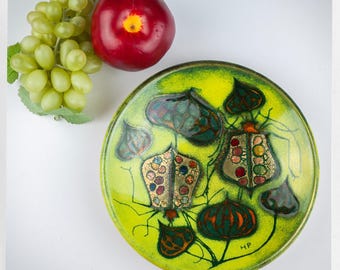 Vintage Enamel Copper Plate Signed HP | Mid Century Modern Beetle Design | Green Gold Insect Art Catchall Tray
