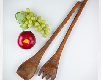 Vintage Danish Teak Salad Servers | Rustic Scandinavian Modern Salad Set | Jens Quistgaard Style Dansk Tableware | Teak Serving Fork Spoon