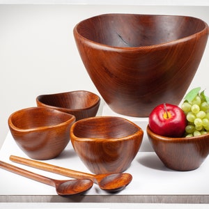 Teak Wood Salad Bowl Set and Servers, Mid Century Modern Decor Objects, Fall Table Decor, First Home Housewarming Gift, Our First Christmas