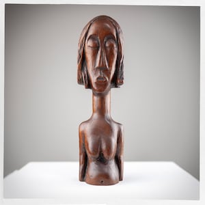 Hand Carved Wooden Female Figurine, Vintage Art Sculpture of Woman for Boho or Eclectic Decor, Bookshelf Decor