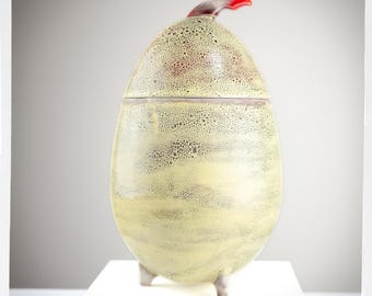 Vintage Studio Pottery Lidded Jar | Sculptural Footed Vessel | Textured Crater Glaze Red Accent | Organic Modern Art Pottery