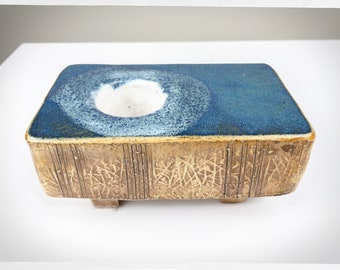 70s Handmade Pottery Candle Holder, Blue Glaze, Japandi Decor