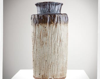 Handmade Studio Pottery Vase, Wabi Sabi Ceramic with Drip Glaze, Rustic Textured Ridged Vase, Japandi Decor, Artist Stamped