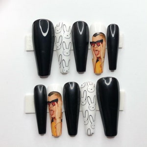 Bad bunny press on nails,Bad Bunny nails,White bad bunny nails,el conejo malo uñas,black bad bunny nails,Coachella bad bunny nails,Coachella