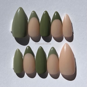 Sage green nails, olive green nails, green nails, French tip press on nails, trending nails,2025 fall nails, trending nails, green press ons