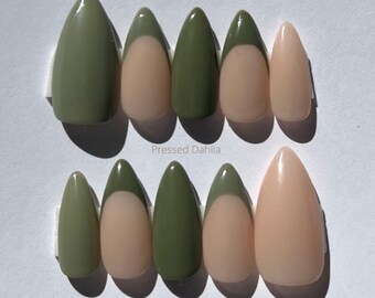 Sage green nails, olive green nails, green nails, French tip press on nails, trending nails, spring nails, trending nails, green press ons