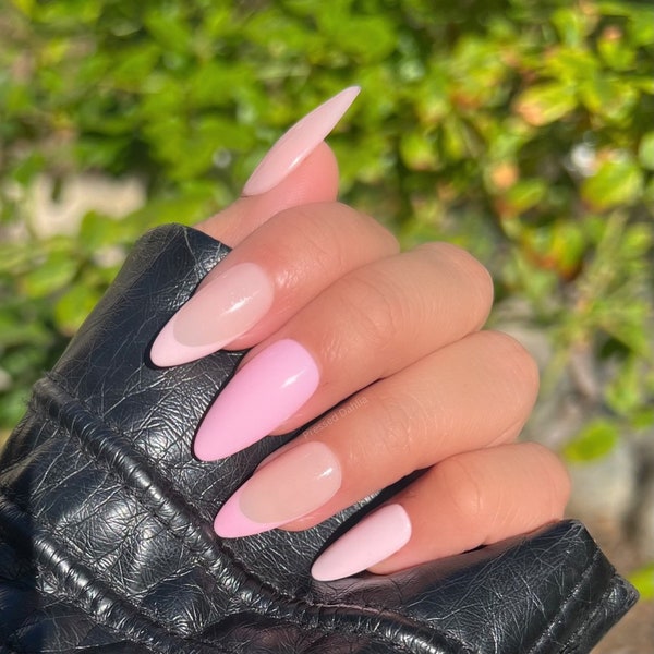 White pink press on nails, White pink nails,pink nails, pink French tip nails, baby pink nails, mix nails,Valentine’s day nails, vday nails