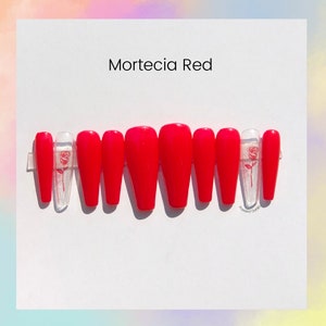 Red press on nails,red rose nails,red rose press on nails,red nails,long red nails, Valentine’s Day nails,vday nails, nails , morticia nails