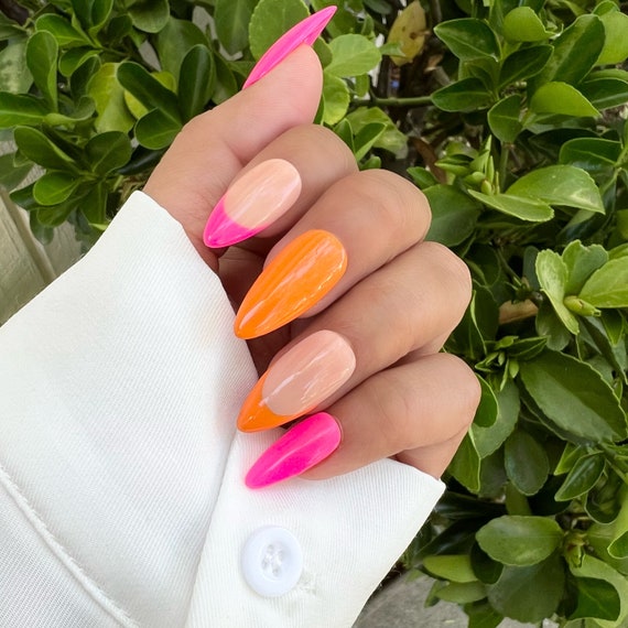 Hot Pink and Orange Trending Nails Hot Pink Press on Nails - Etsy